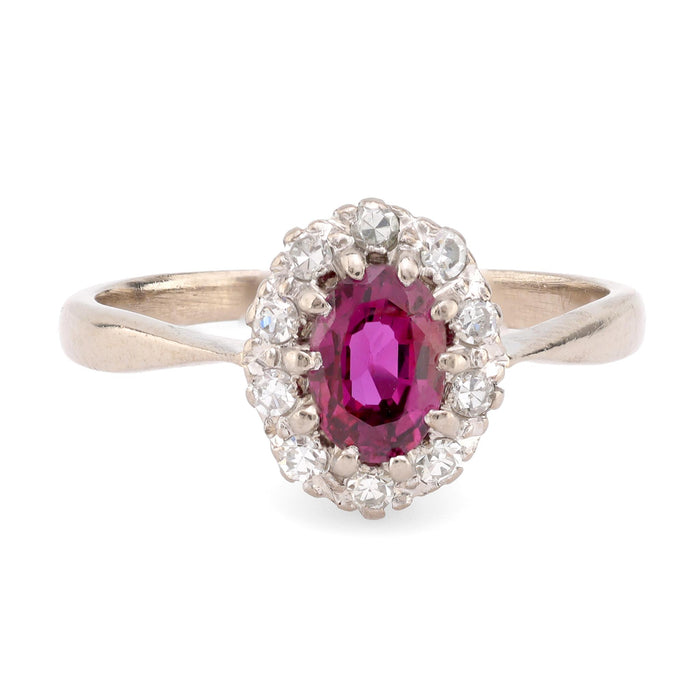 Antique Ruby Diamond 18K White Gold Cluster Ring