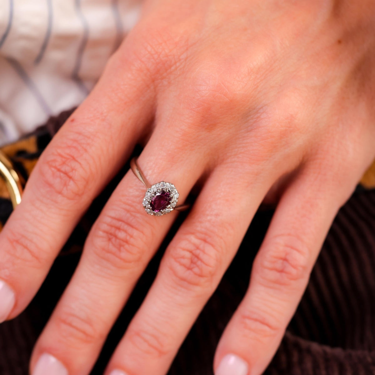 Antique Ruby Diamond 18K White Gold Cluster Ring