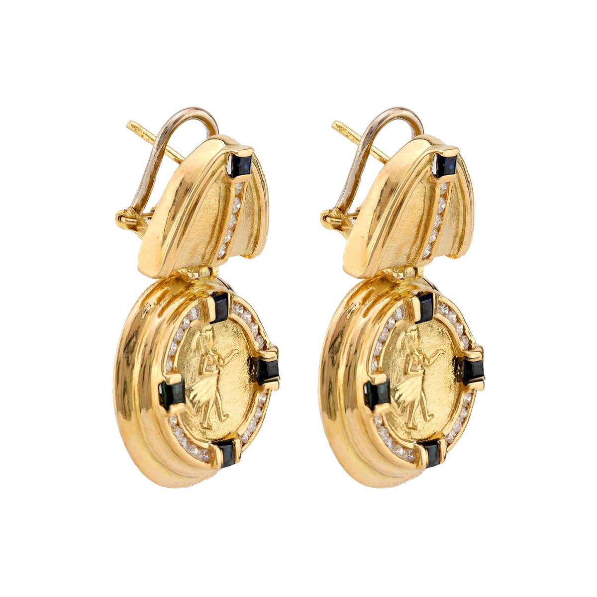 Bold vintage diamond onyx 18k yellow gold Italian earrings