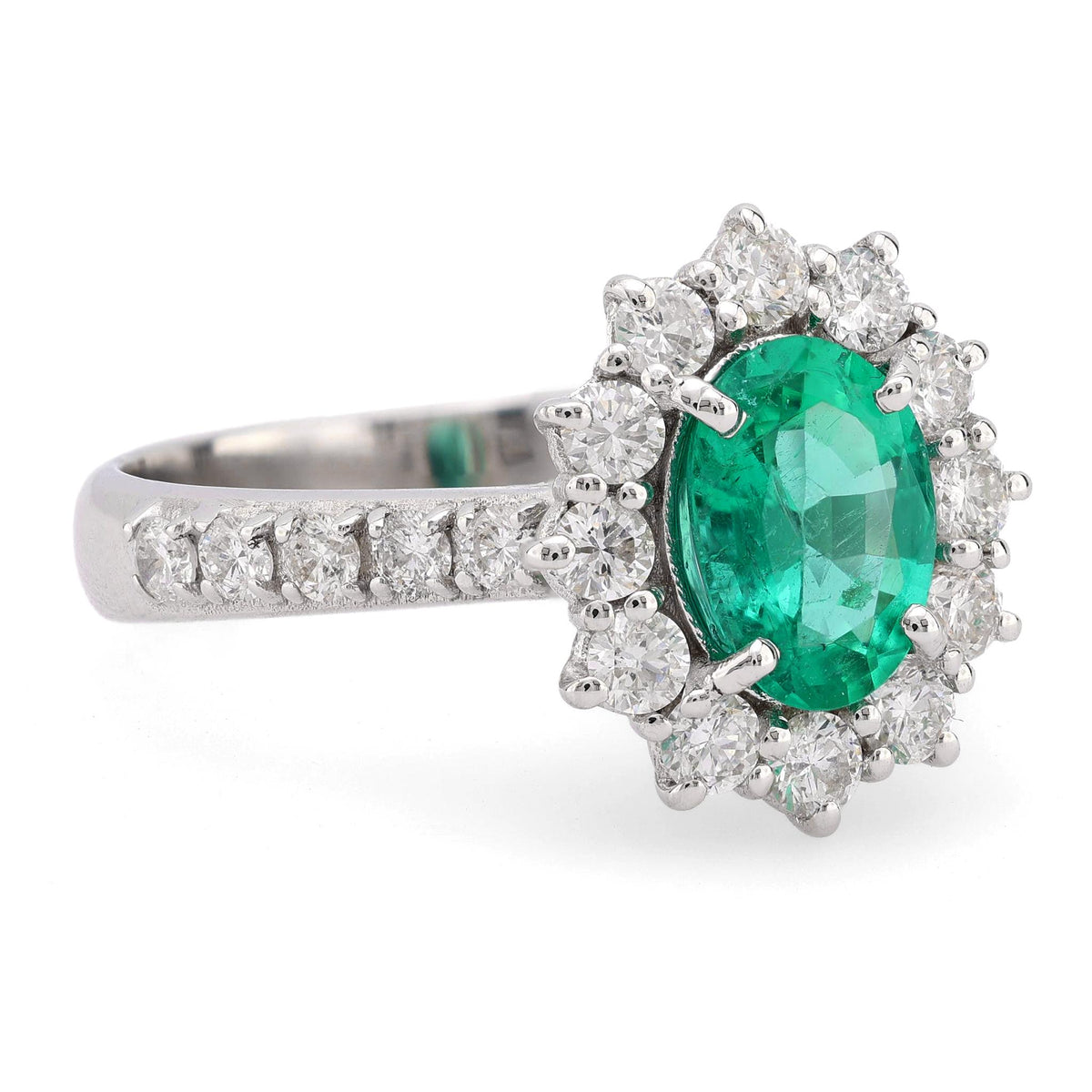 GIA 1 carat oval cut emerald diamond 18k white gold cluster ring