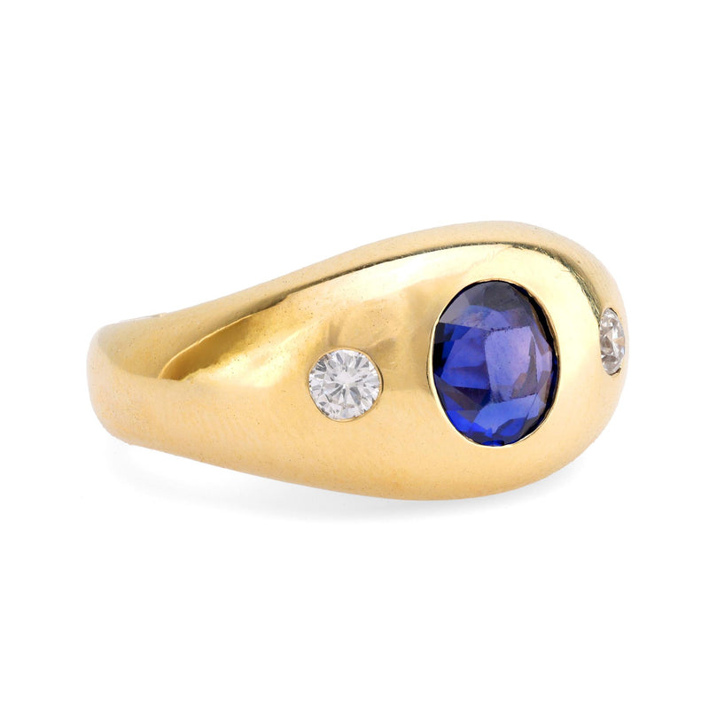 Chic vintage sapphire diamond 14k yellow gold bezel ring