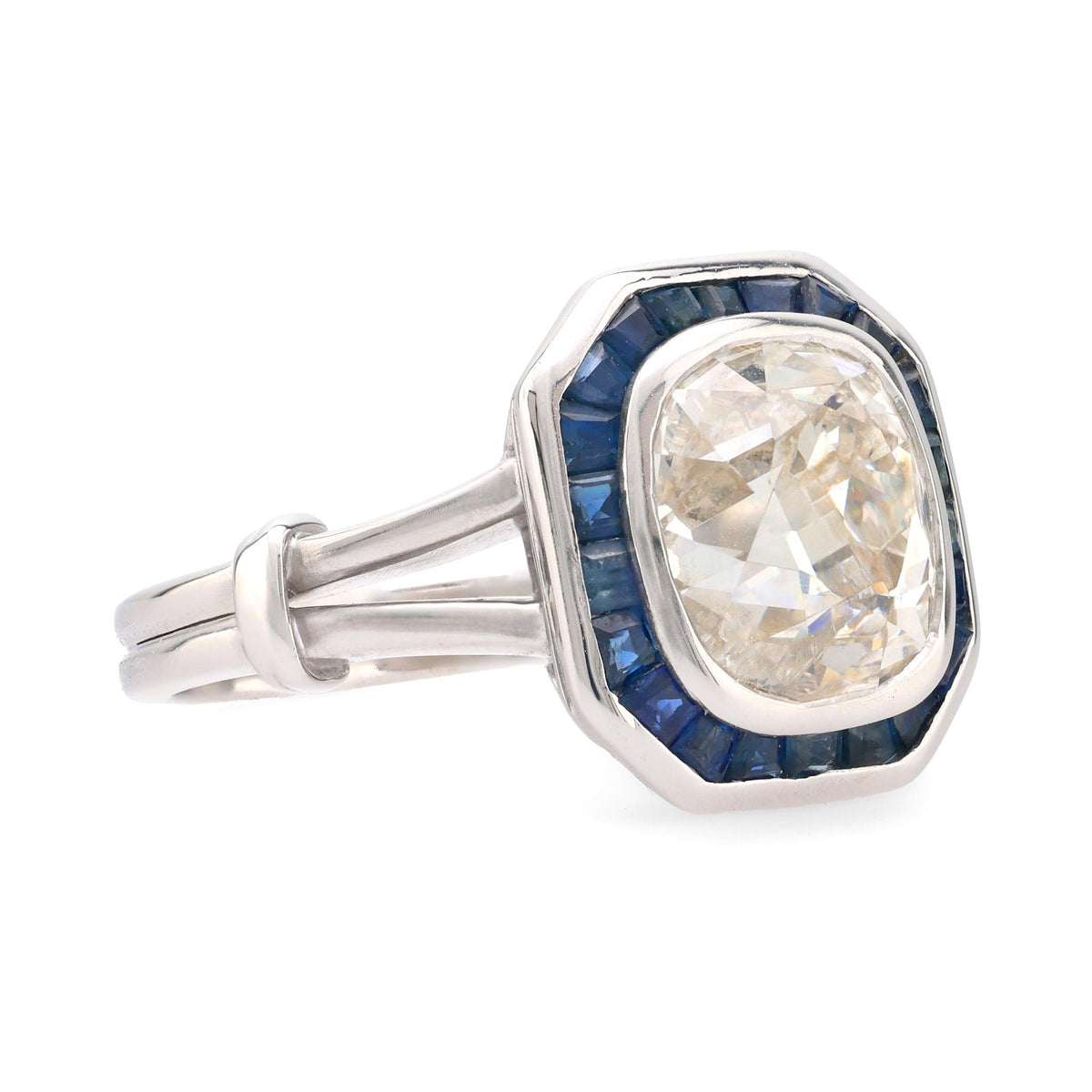 Art Deco French GIA 3.40 carat old mine diamond sapphire 18k gold platinum ring