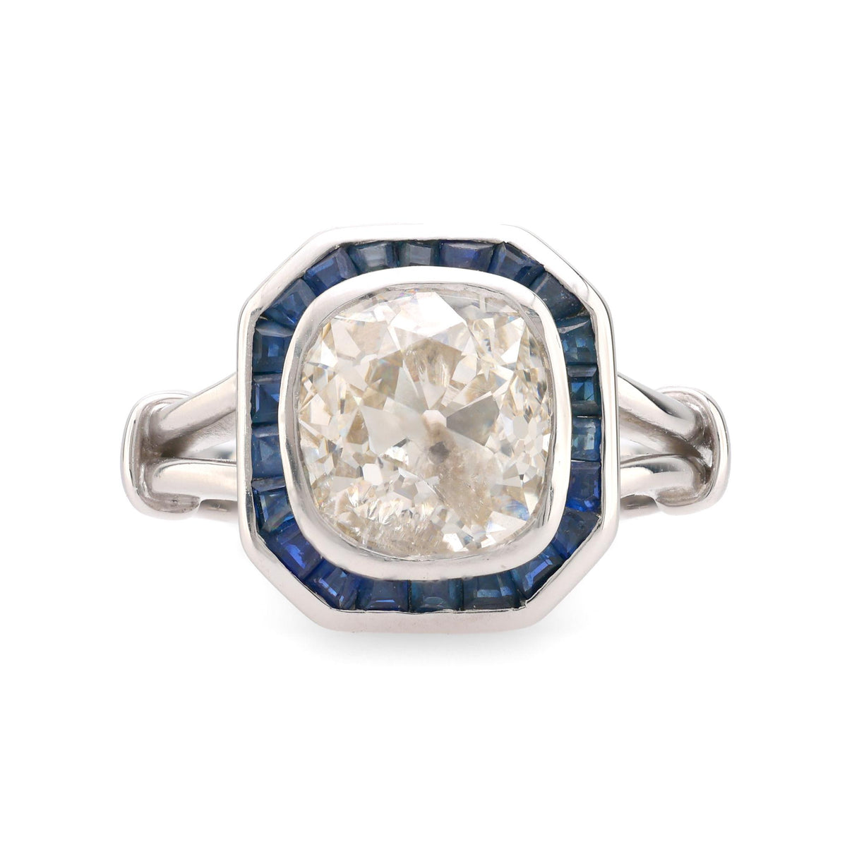 Art Deco French GIA 3.40 carat old mine diamond sapphire 18k gold platinum ring