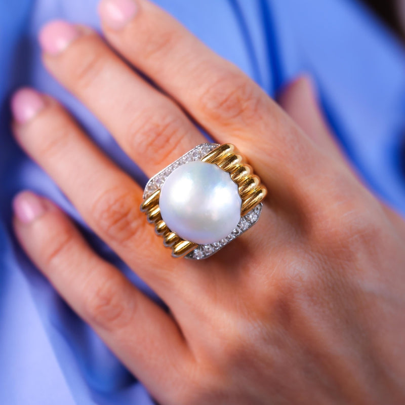 Iconic David Webb mabe pearl diamond 18k yellow gold cocktail ring