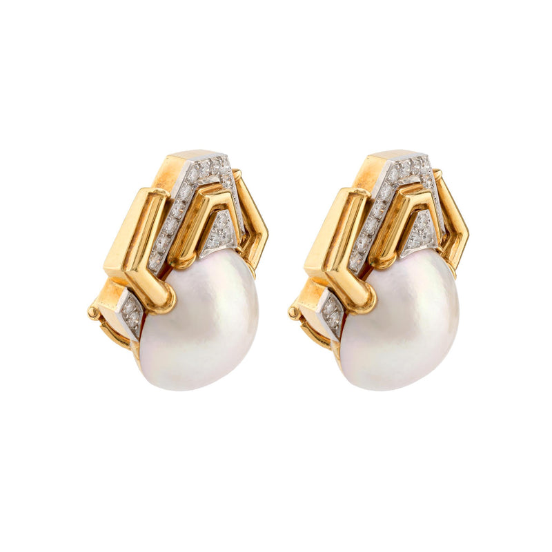 Iconic David Webb mabe pearl diamond 18k yellow gold earrings