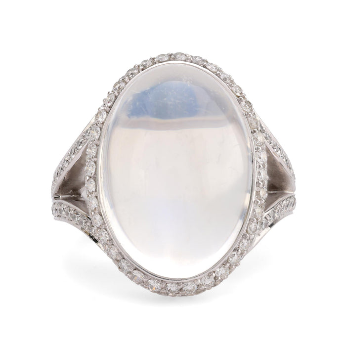 Extraordinary moonstone diamond 18k white gold cocktail ring