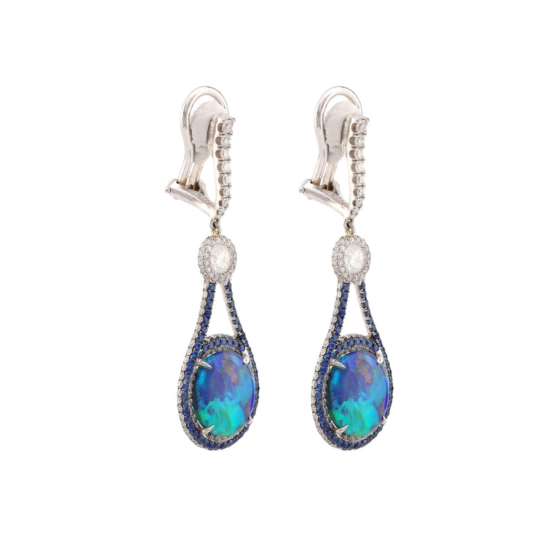 Stunning contemporary black opal diamond sapphire 18k white gold drop earrings