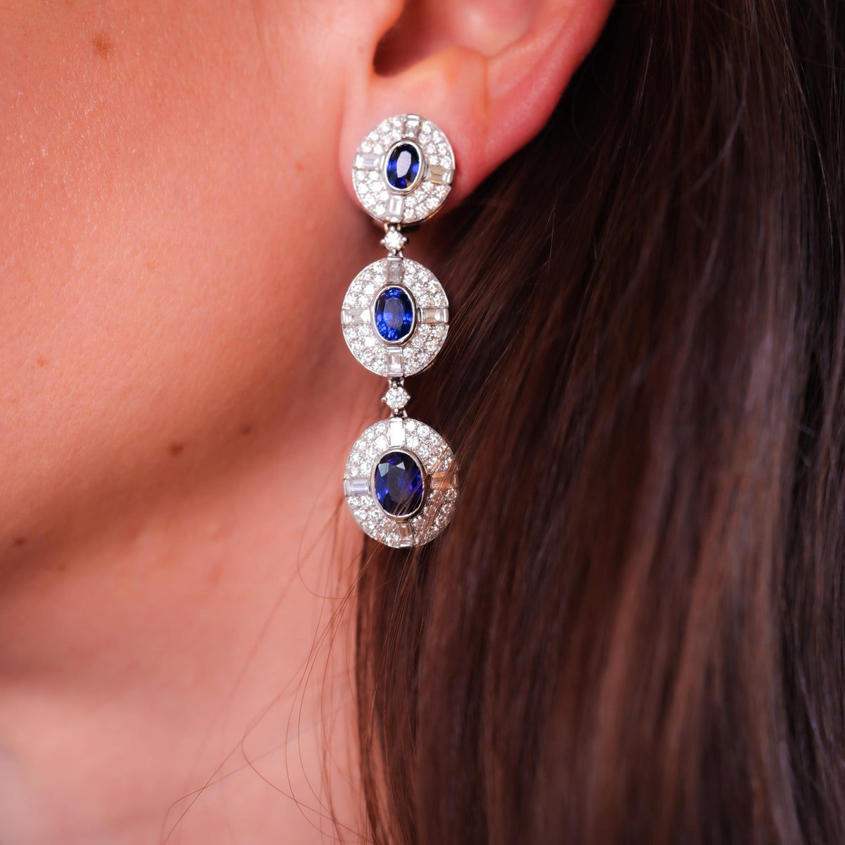 Exceptional 6.5 carat total weight sapphire diamond 18k drop earrings