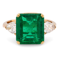 GIA 5.22 carat emerald diamond 18k yellow gold three stone ring