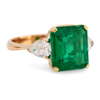 GIA 5.22 carat emerald diamond 18k yellow gold three stone ring