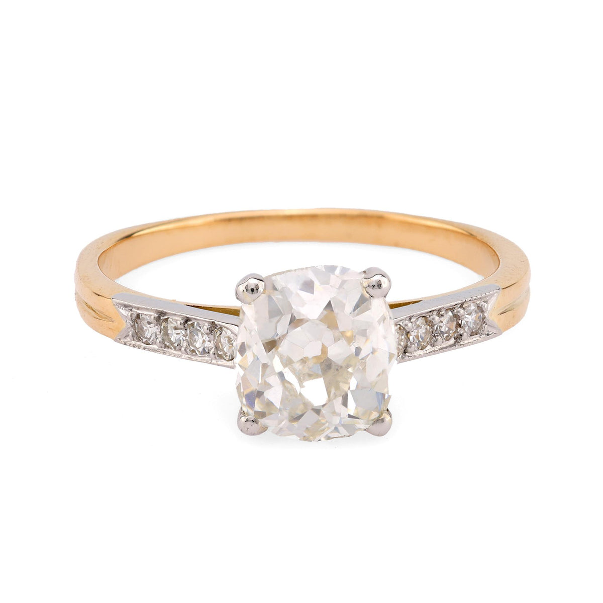 French GIA 1.75 carat cushion cut diamond 18k yellow gold engagement ring