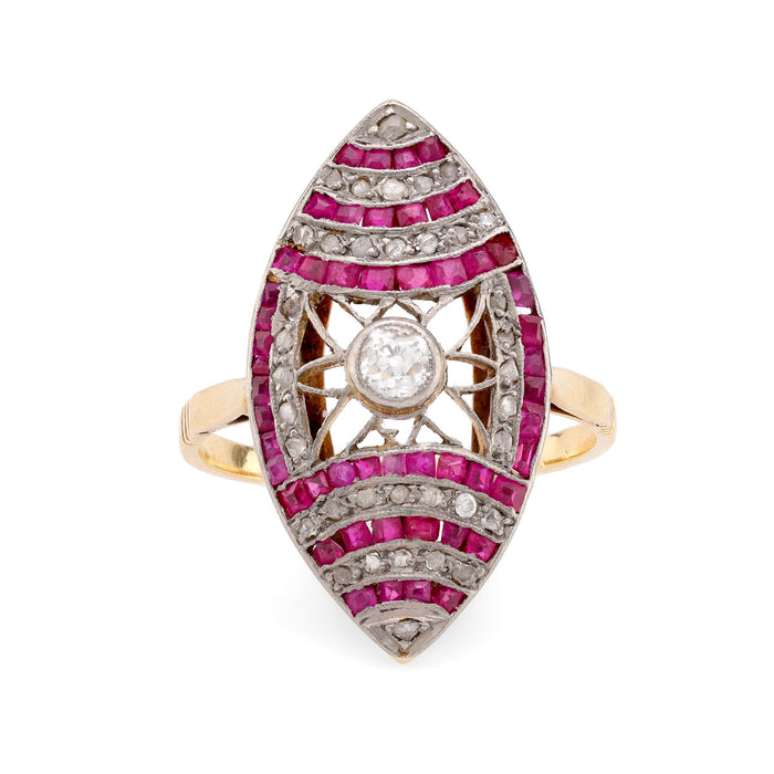 Edwardian diamond ruby 18k yellow gold navette ring