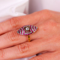 Edwardian diamond ruby 18k yellow gold navette ring