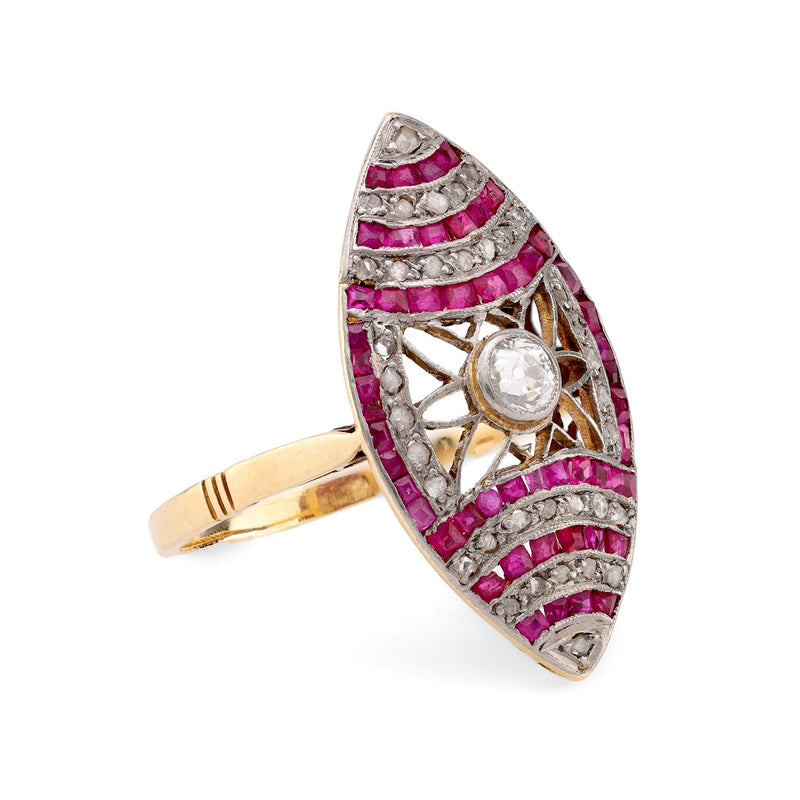 Edwardian diamond ruby 18k yellow gold navette ring