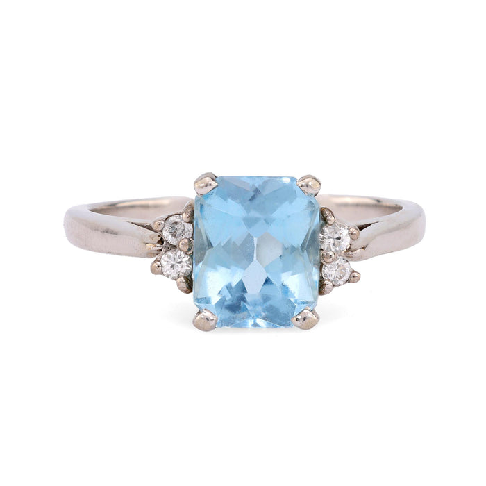 Vintage 2.40 carat blue topaz diamond 14k white gold ring