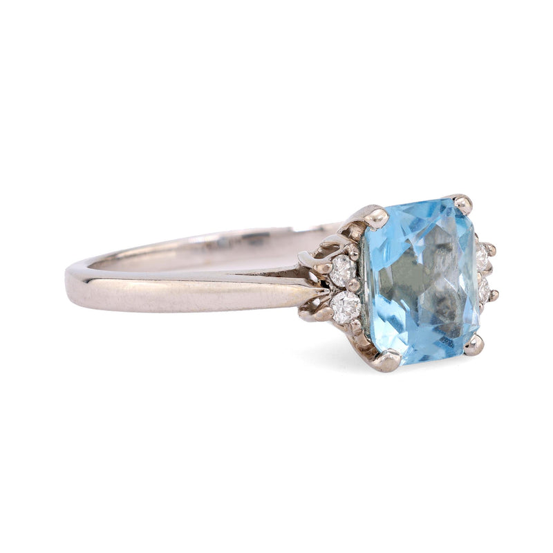 Vintage 2.40 carat blue topaz diamond 14k white gold ring