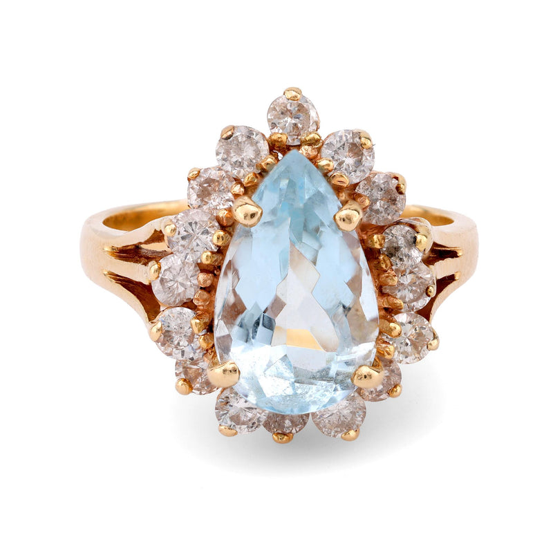 Vintage 2.60 carat pear cut aquamarine diamond 14k yellow gold cluster ring