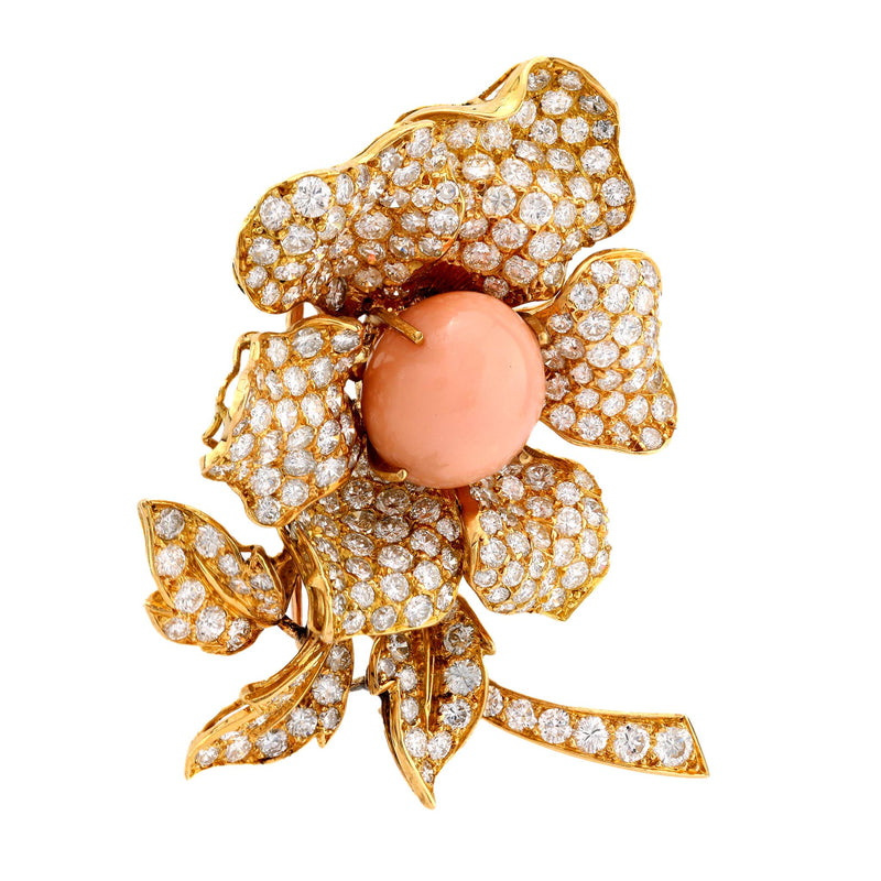 Rare Boucheron Paris natural conch pearl diamond 18k gold flower brooch