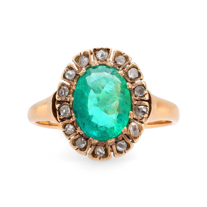 GIA 1.40 carat oval cut emerald diamond 14k yellow gold cluster ring