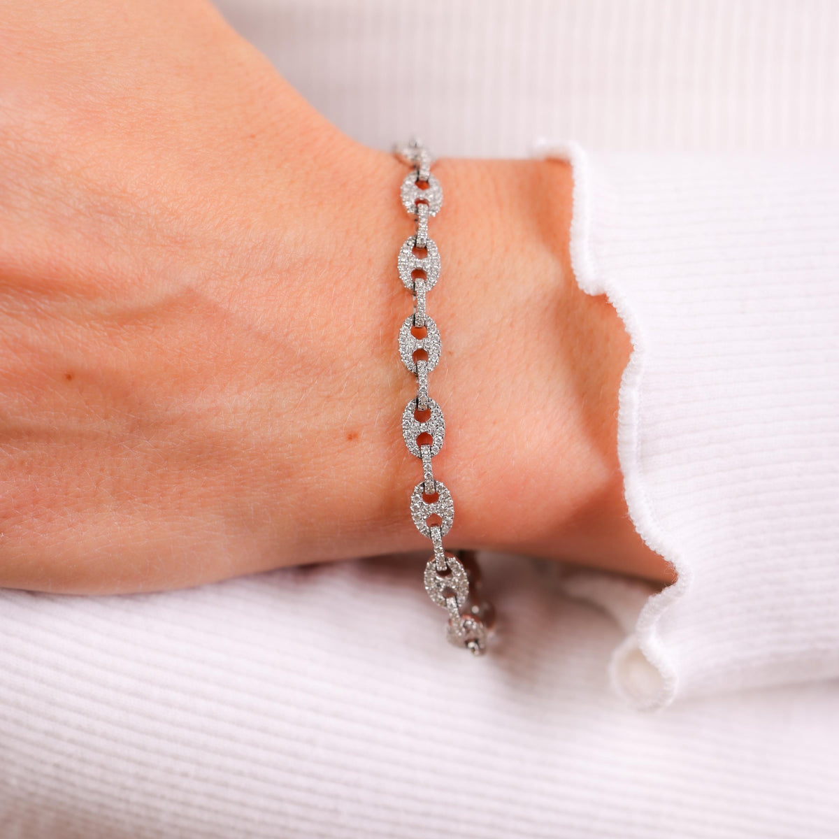 Contemporary diamond 14k white gold link bracelet