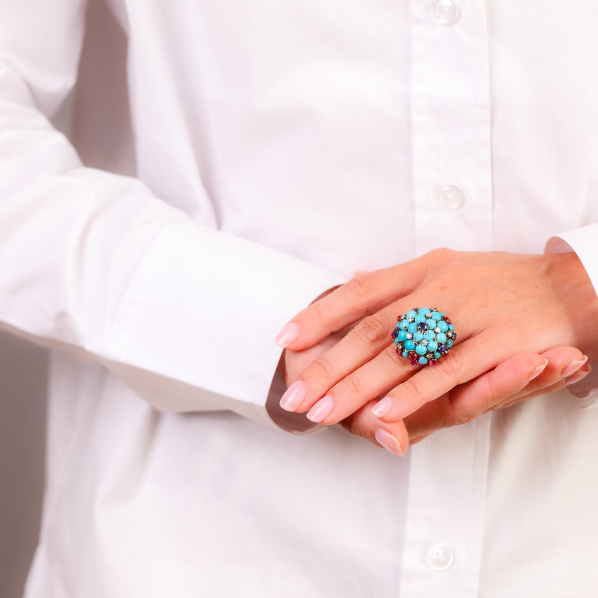 Mid Century turquoise sapphire ruby diamond 14k yellow gold cocktail ring