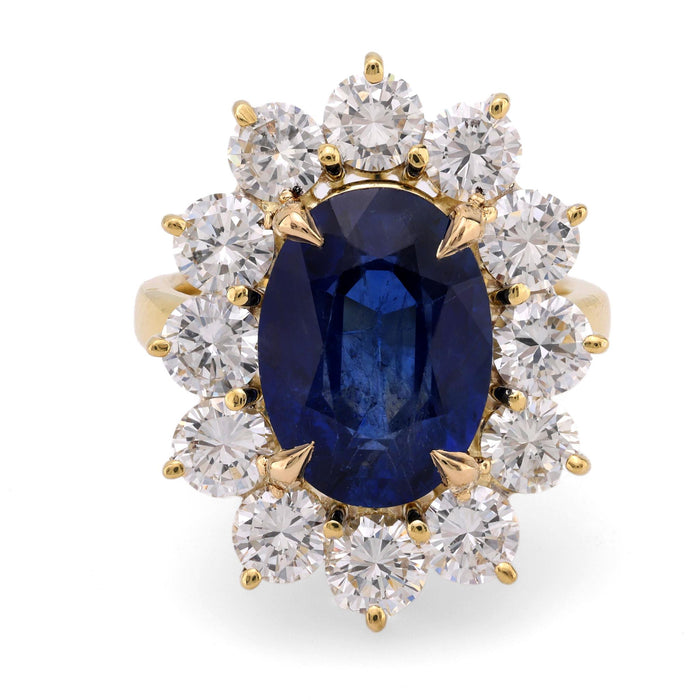 GIA 4.84 carat oval cut sapphire diamond 14k yellow gold cluster ring