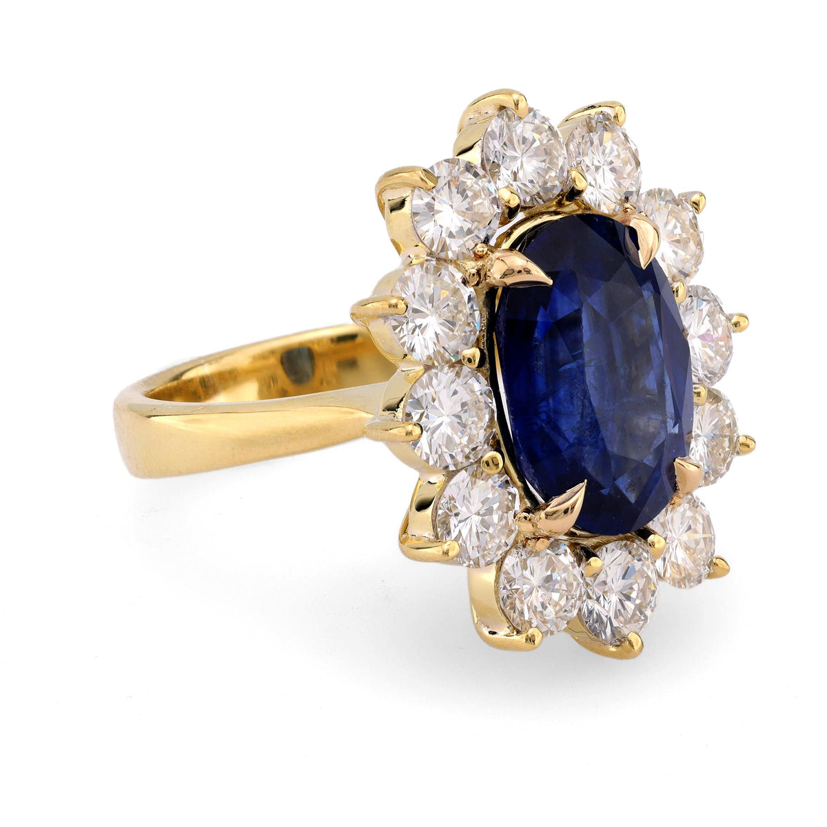 GIA 4.84 carat oval cut sapphire diamond 14k yellow gold cluster ring