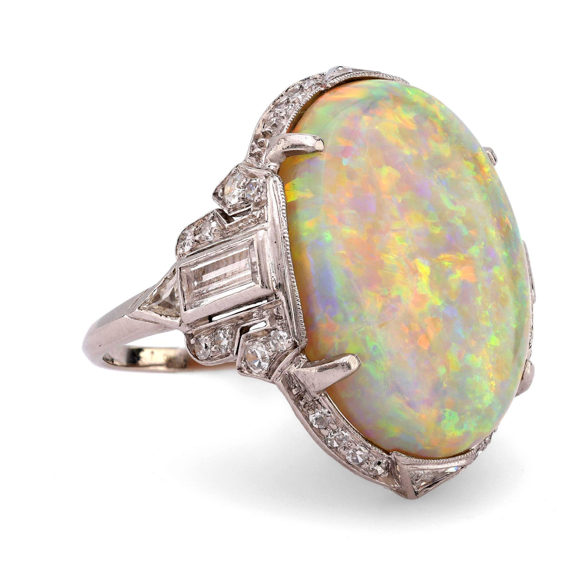 Art Deco 10 carat opal diamond platinum cocktail ring