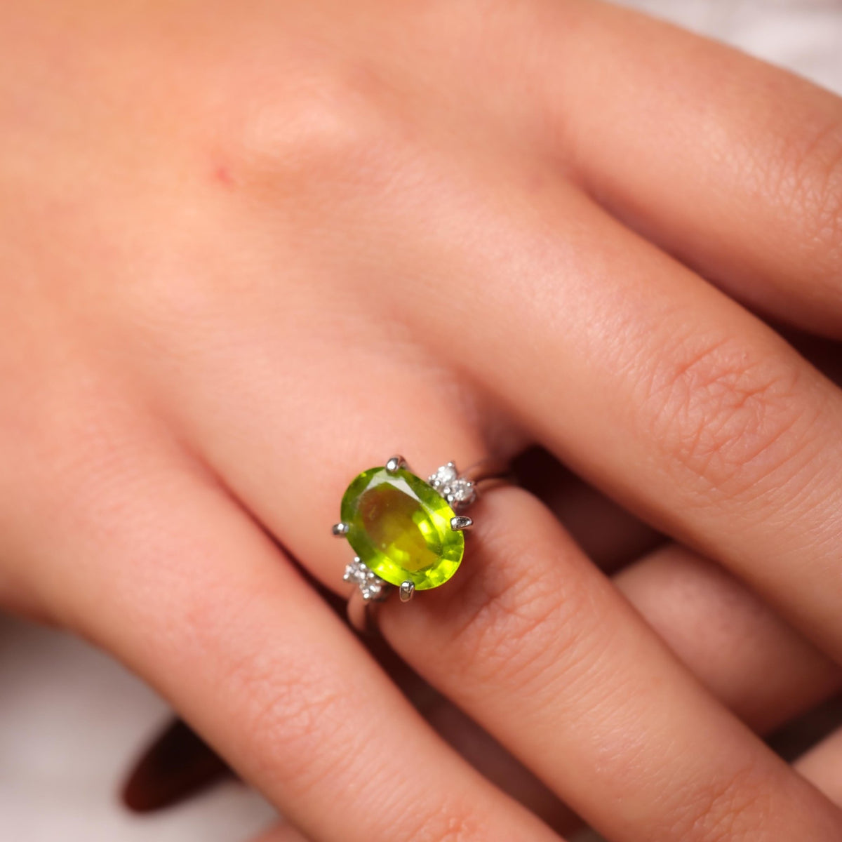 Vintage 3.40 carat peridot diamond platinum cocktail ring