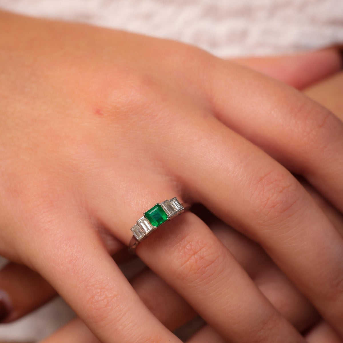 Vintage emerald diamond platinum five stone ring