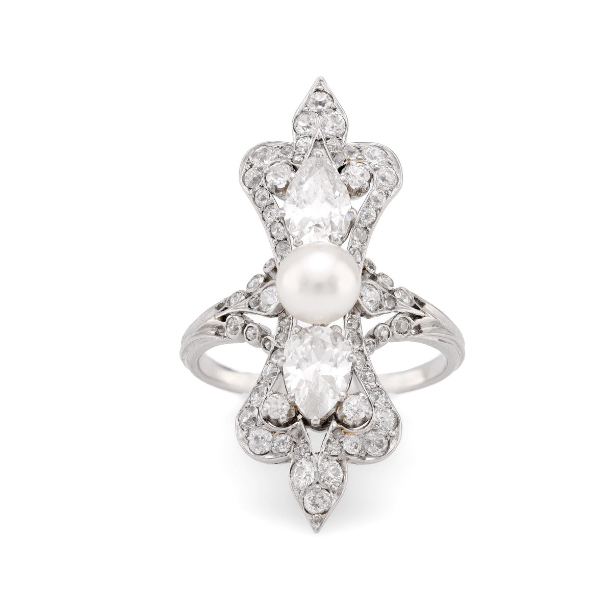 Art Deco natural pearl diamond platinum cocktail ring