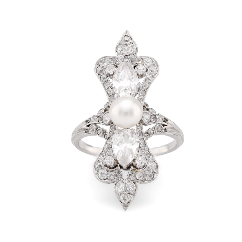 Art Deco natural pearl diamond platinum cocktail ring