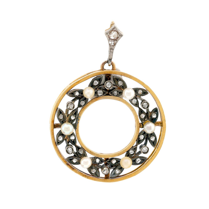 Antique seed pearl diamond 18k yellow gold silver pendant