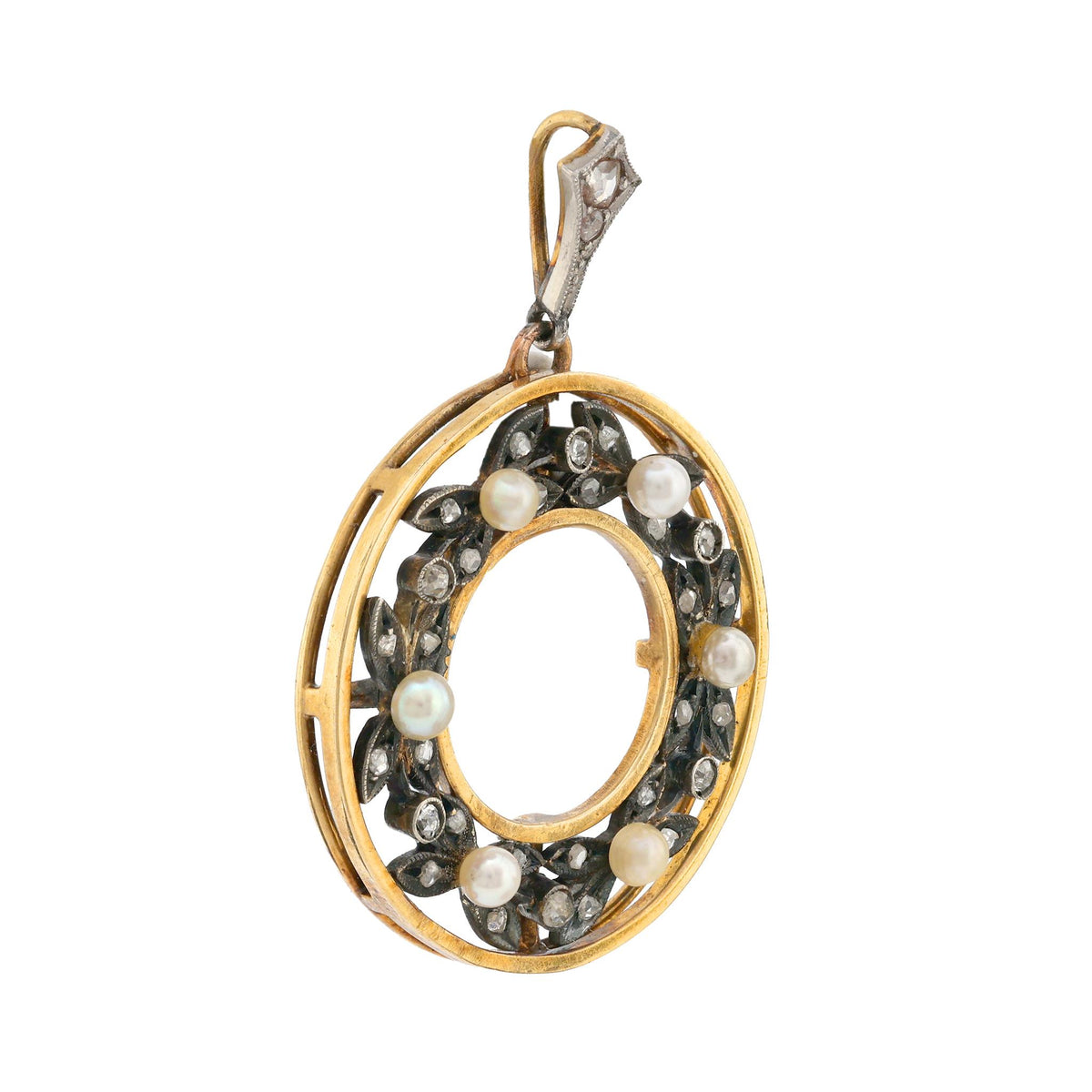 Antique seed pearl diamond 18k yellow gold silver pendant