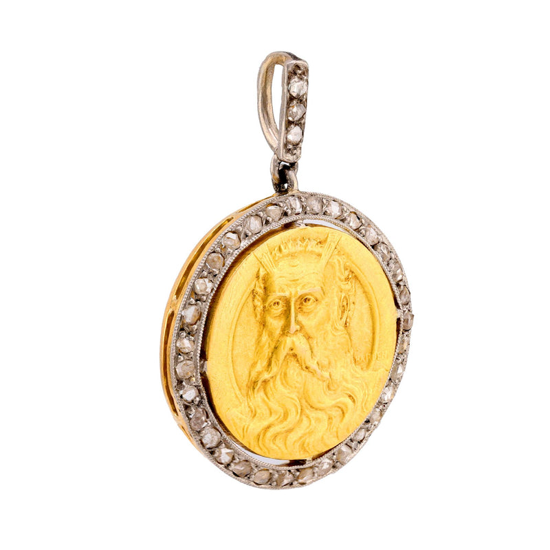 Antique French diamond 18k yellow and white gold coin pendant