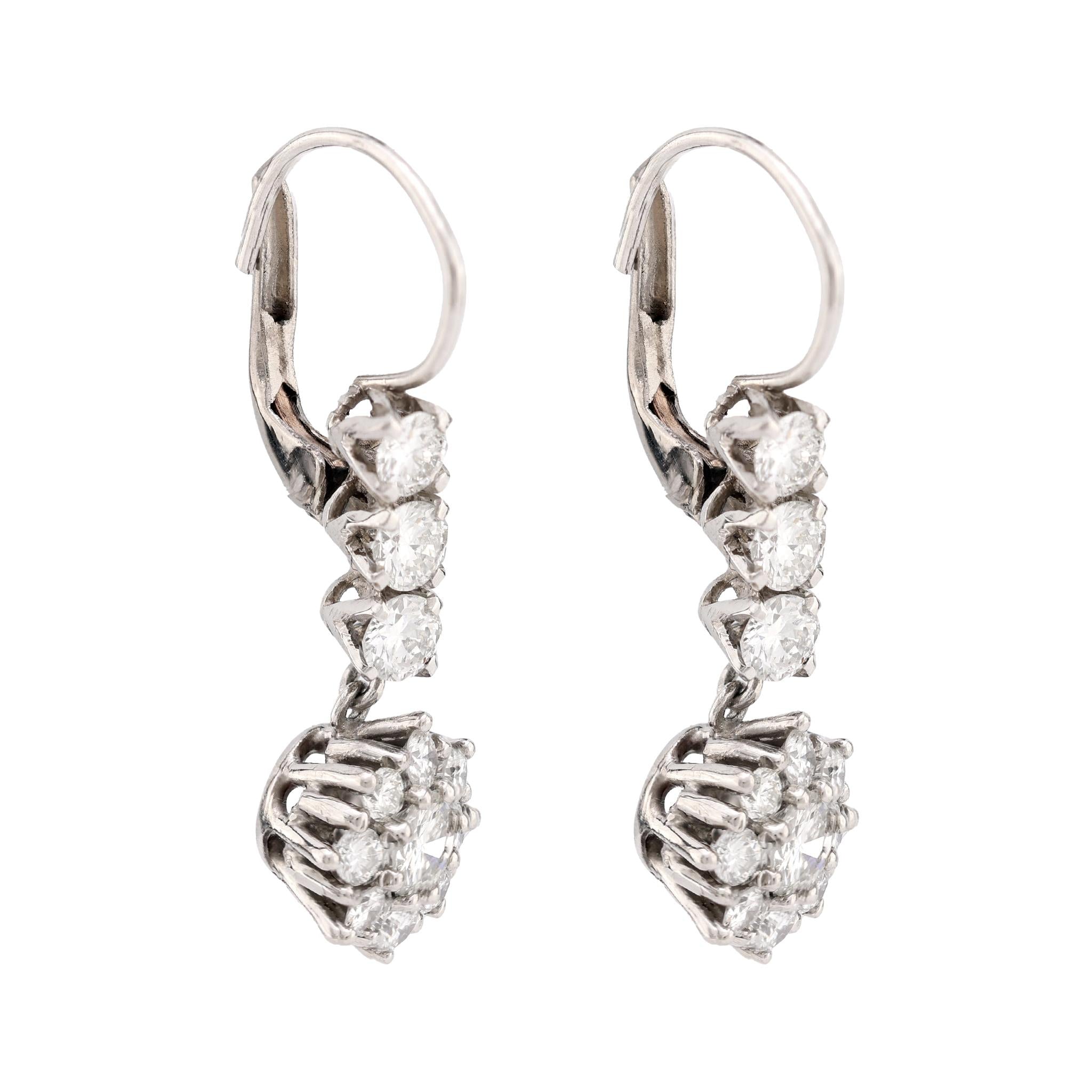 Mid Century 2 carat total weight diamond platinum flower drop earrings