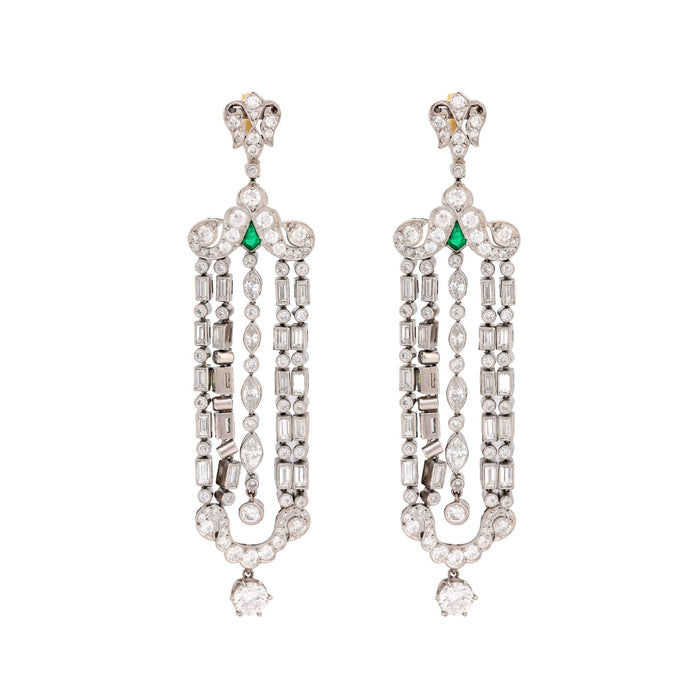 Art Deco inspired 9.2 carat diamond emerald platinum chandelier earrings