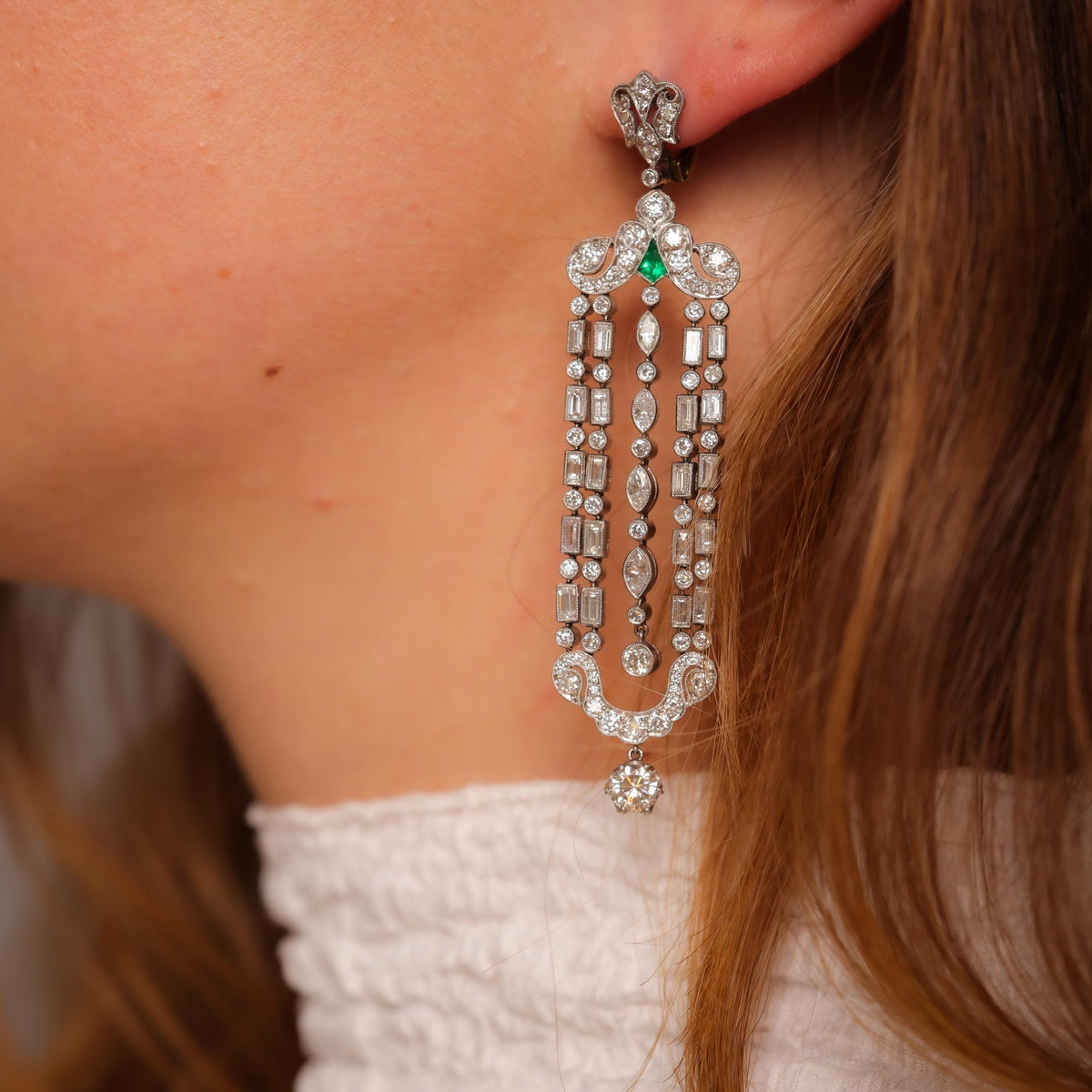 Art Deco inspired 9.2 carat diamond emerald platinum chandelier earrings