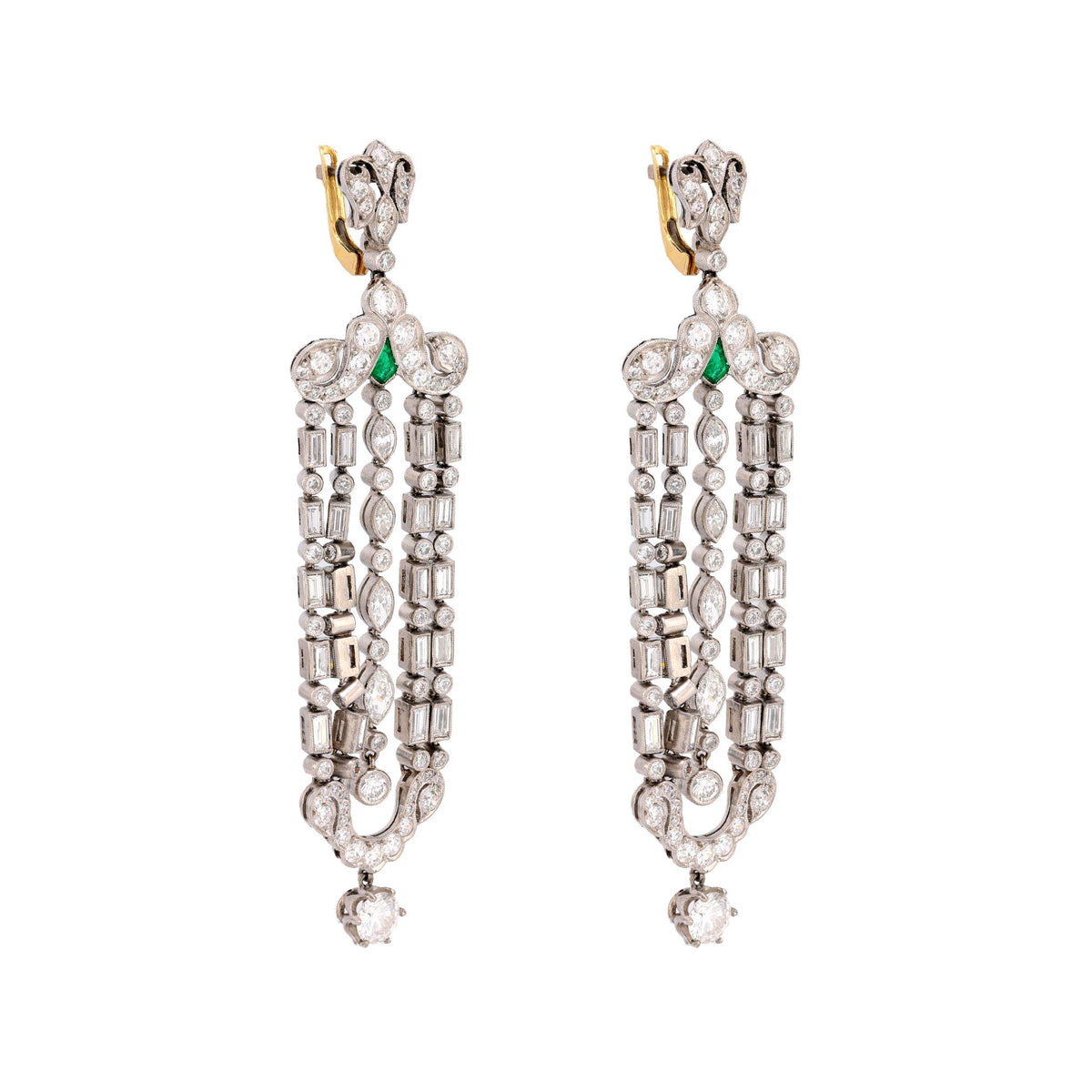 Art Deco inspired 9.2 carat diamond emerald platinum chandelier earrings