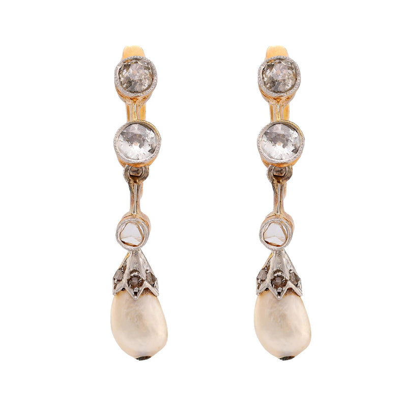 Antique natural pearl old cut diamond 18k yellow gold drop earrings