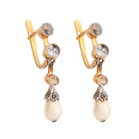 Antique natural pearl old cut diamond 18k yellow gold drop earrings