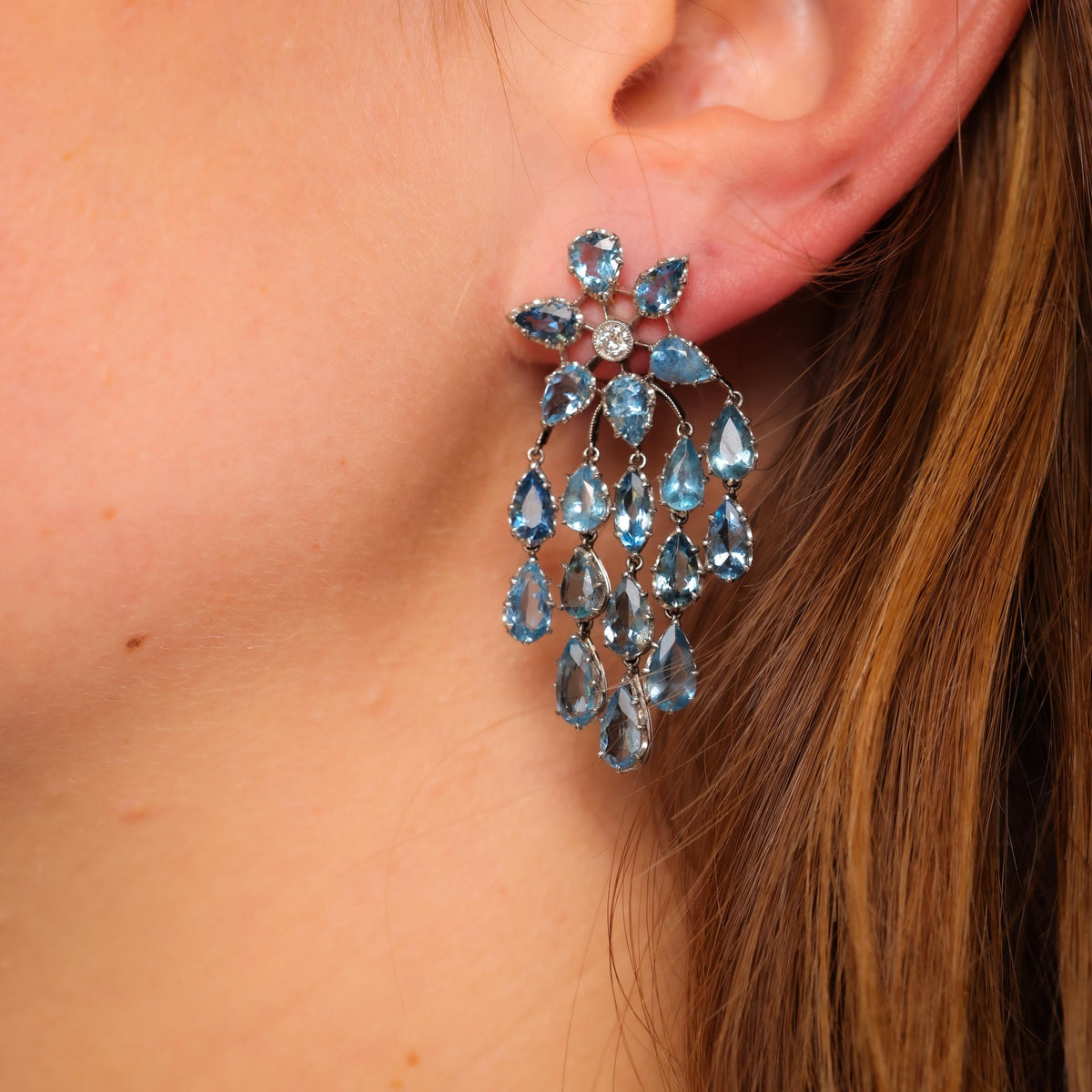 Mid Century inspired 14 carat aquamarine diamond chandelier earrings