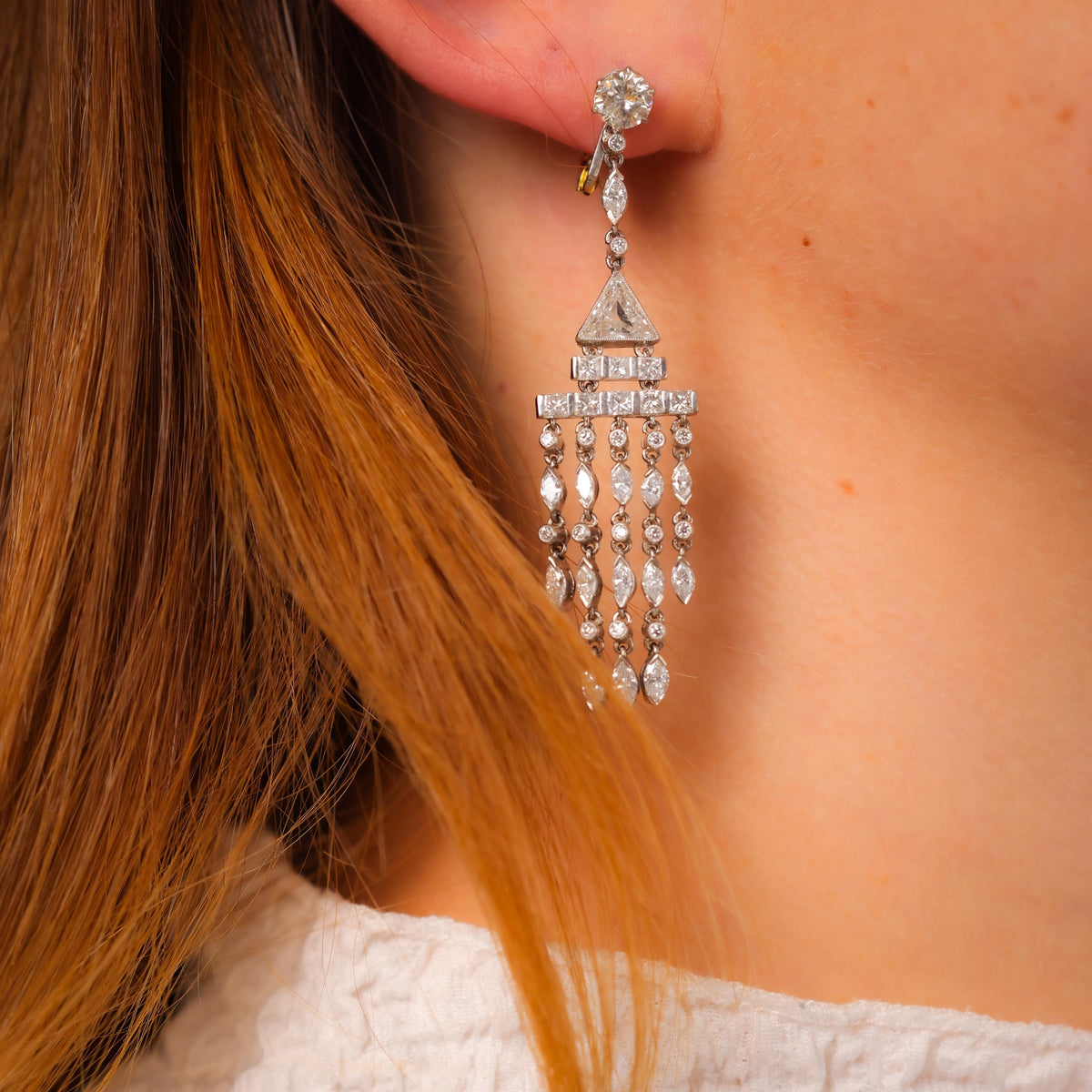 Art Deco inspired 6 carat total weight diamond platinum chandelier earrings