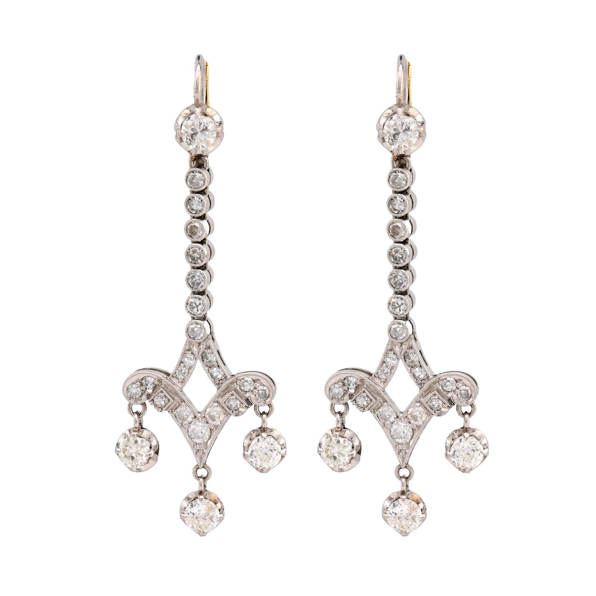 Art Deco inspired 3 carat total weight diamond platinum drop earrings