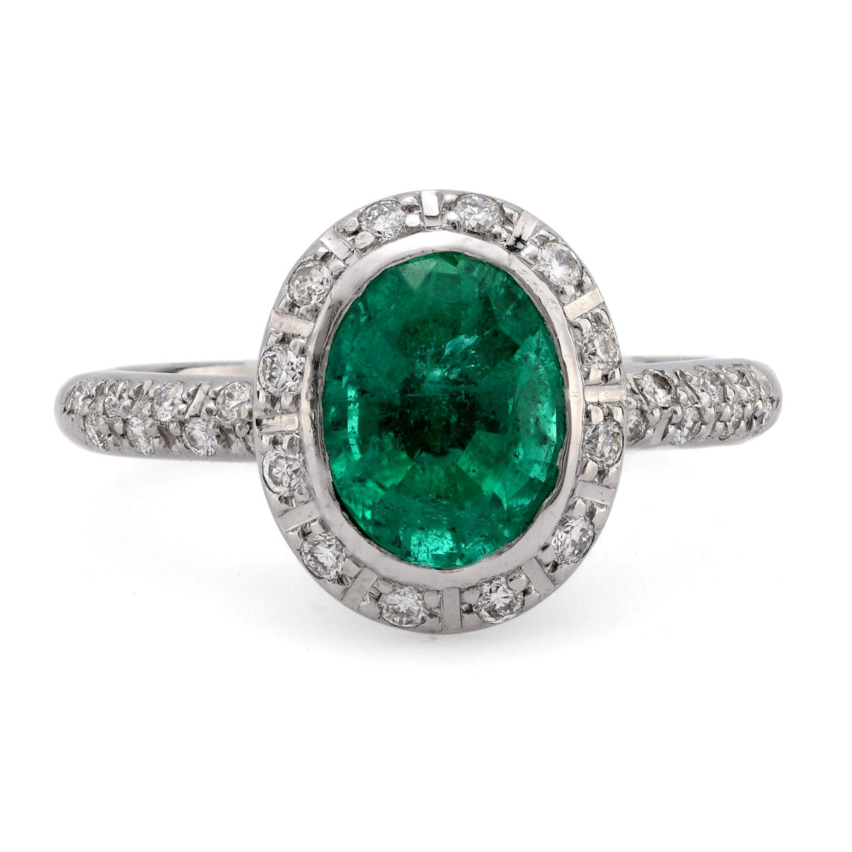 Bailey Banks & Biddle 2.05 carat emerald diamond 18k white gold cluster ring