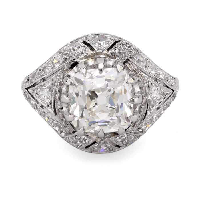 Art Deco French GIA 1.73 carat old mine cut diamond platinum ring