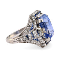 Art Deco French GIA 7.86 carat no heat sapphire diamond platinum ring