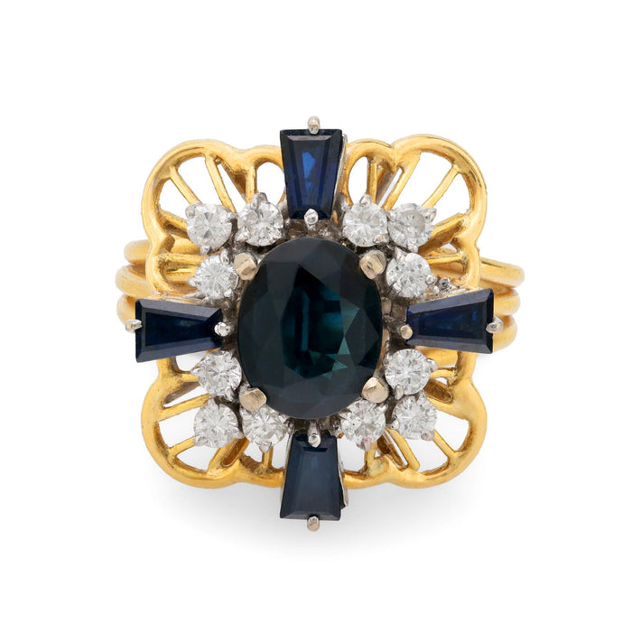 Retro 2 carat total weight sapphire diamond 18k gold cocktail ring