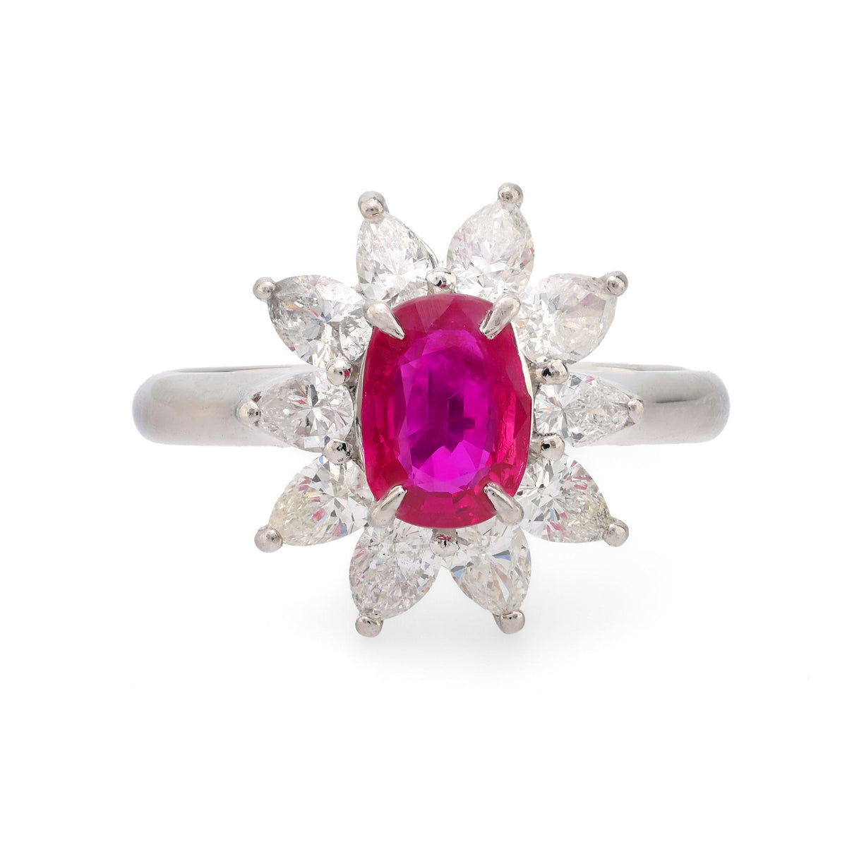 Modern ruby diamond platinum cluster ring