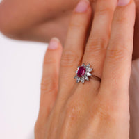 Modern ruby diamond platinum cluster ring